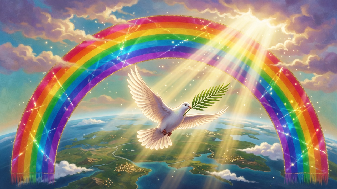 Rainbow banner · dove · palm