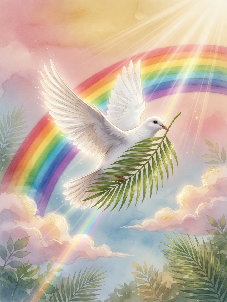 Front cover · dove · rainbow · green palm